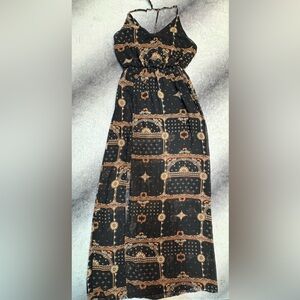 (B3) Lime N Chili Black Print Adjustable Halter‎ Maxi Dress M